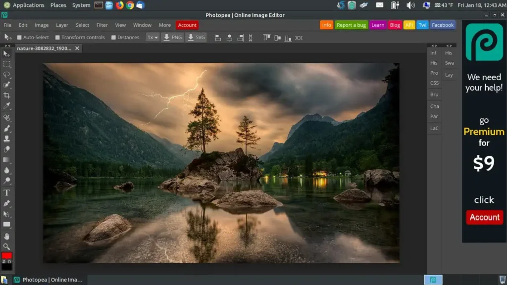 Photopea is an advanced, web-based photo editing tool